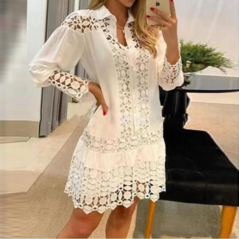 Spring Long Sleeve Button Office A-Line Dress Women Casual Lace Lapel Solid Party Dress Elegant Hollow Embroidered Mature Dress