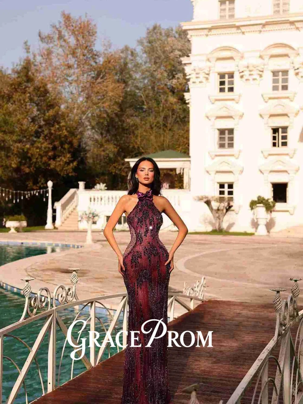 GraceProm Elegant Halter-Neck Evening Dress 2026 Trendy Beaded Carpet Gown Stylish A-Line Floor-Length Party Gown فساتين