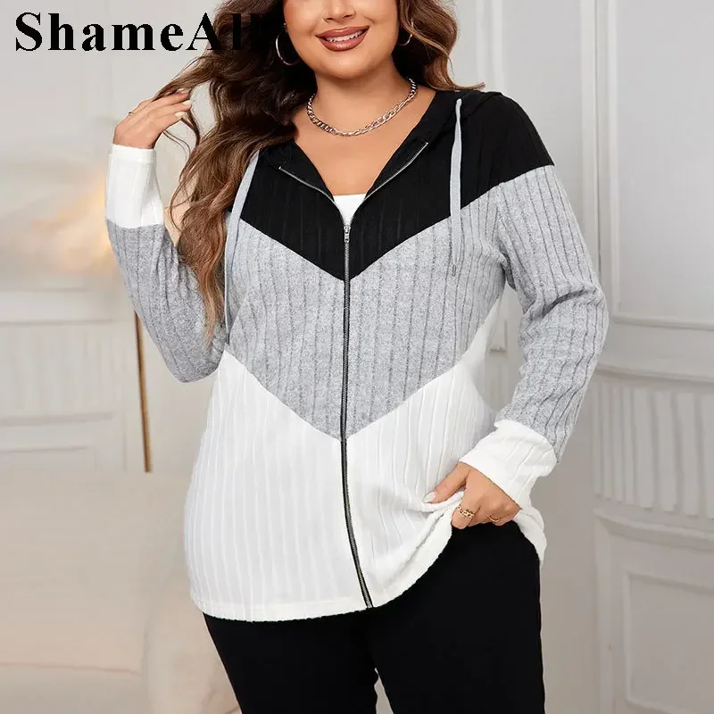 Women'S Plus Size  Hooded Drawstring Striped Loose Zip-Up Jacket Ribbed Sweater Causal Knit Jacket