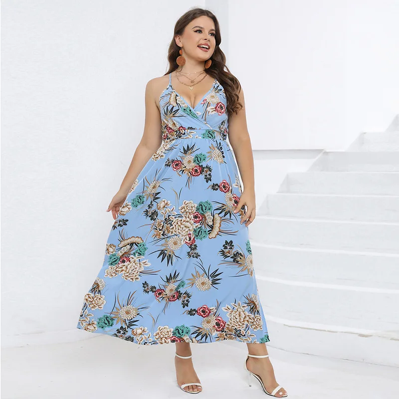 

New Summer Holiday Plus Size Halter Dress Floral Print Cross Back Long Dresses for Women Sexy Bodycon Dress 3XL 4XL Deep V-neck