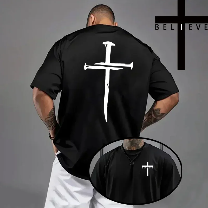 Herren-T-Shirt mit christlichem Jesus-Kreuz-Design, hochwertige Baumwolle, kurzärmelig, Frühling/Sommer, lässiges Mode-Oberteil, einfarbig. – Detail 5
