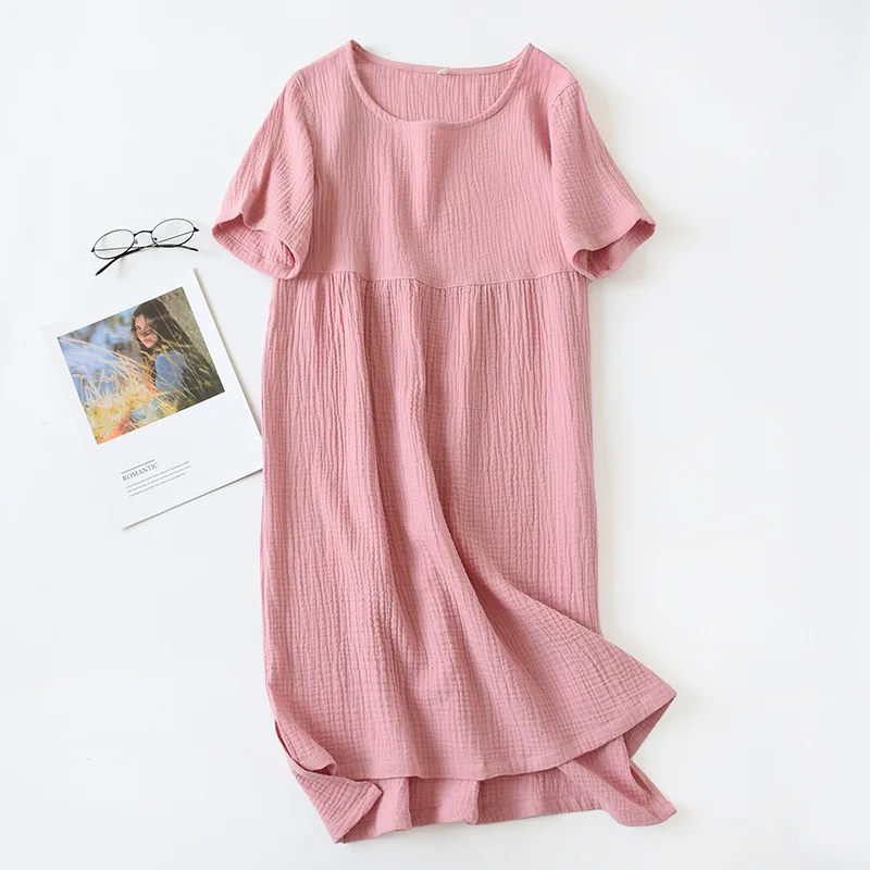 

Summer Sleepshirts comfortable solid color cotton gauze long skirt home Nightgowns women's round neck nightdress thin section
