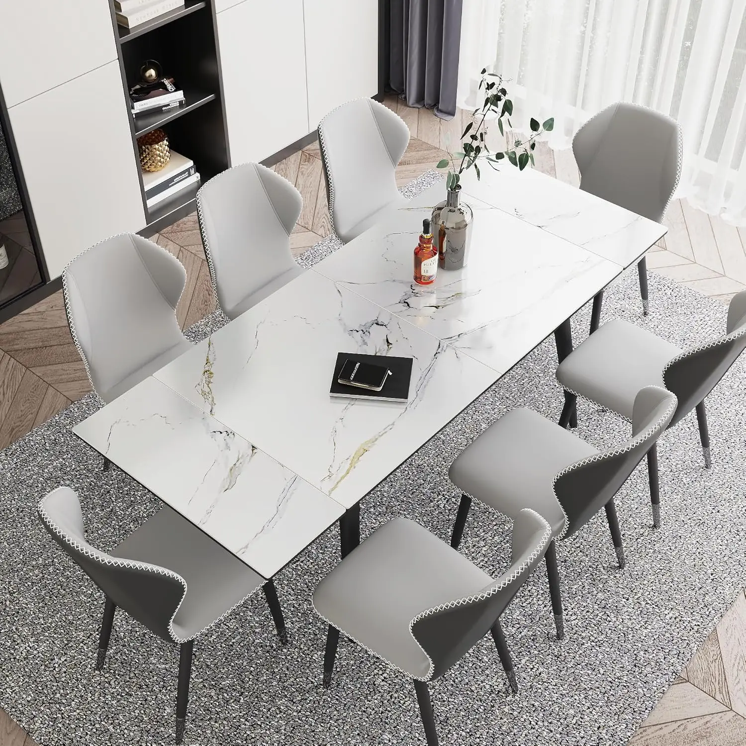 

Extendable Dining Table for 4-8, 55"- 78" Rectangular Sintered Stone Dining Room Table, Faux Marble White Kitchen Table for Dini