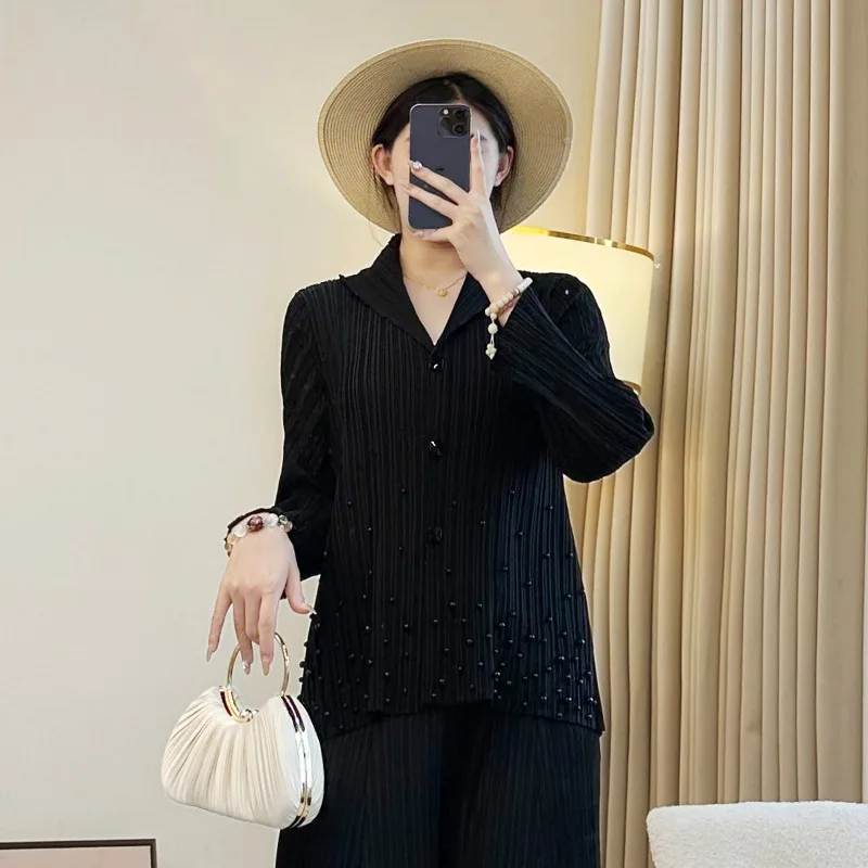 미야케 플리츠 팬츠 세트 여성용 2025 가을 얇은 루즈핏 블라우스 자외선 차단 아우터 가디건 플리츠 재킷 + 와이드 레그 팬츠