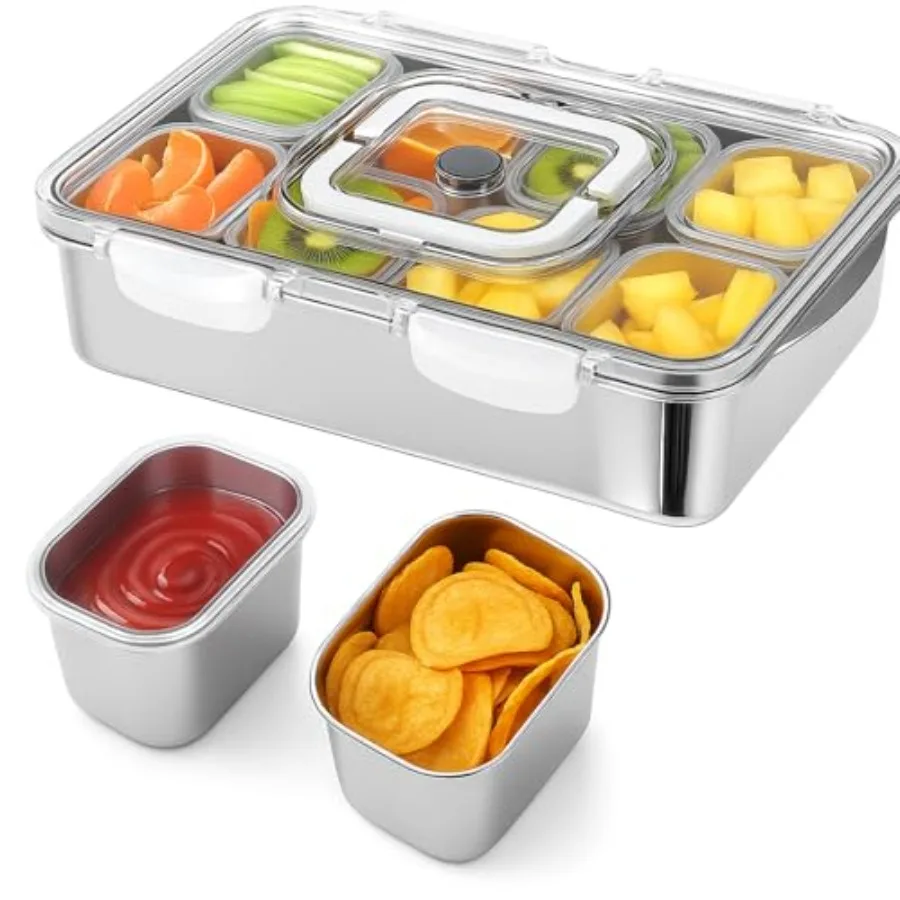 

Portable snack platters storage organizer for fruit, candy, nuts, veggie: stainless steel 8-compartment divided serving tray wi