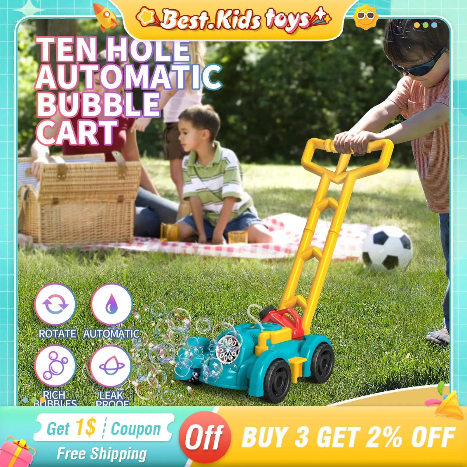 10 Holes Lawn Mower Bubble Machine Lights Cart Automatic Hand Trolley Soap Bubble Blowing Outdoor Kids Toys Walker Game Gifts