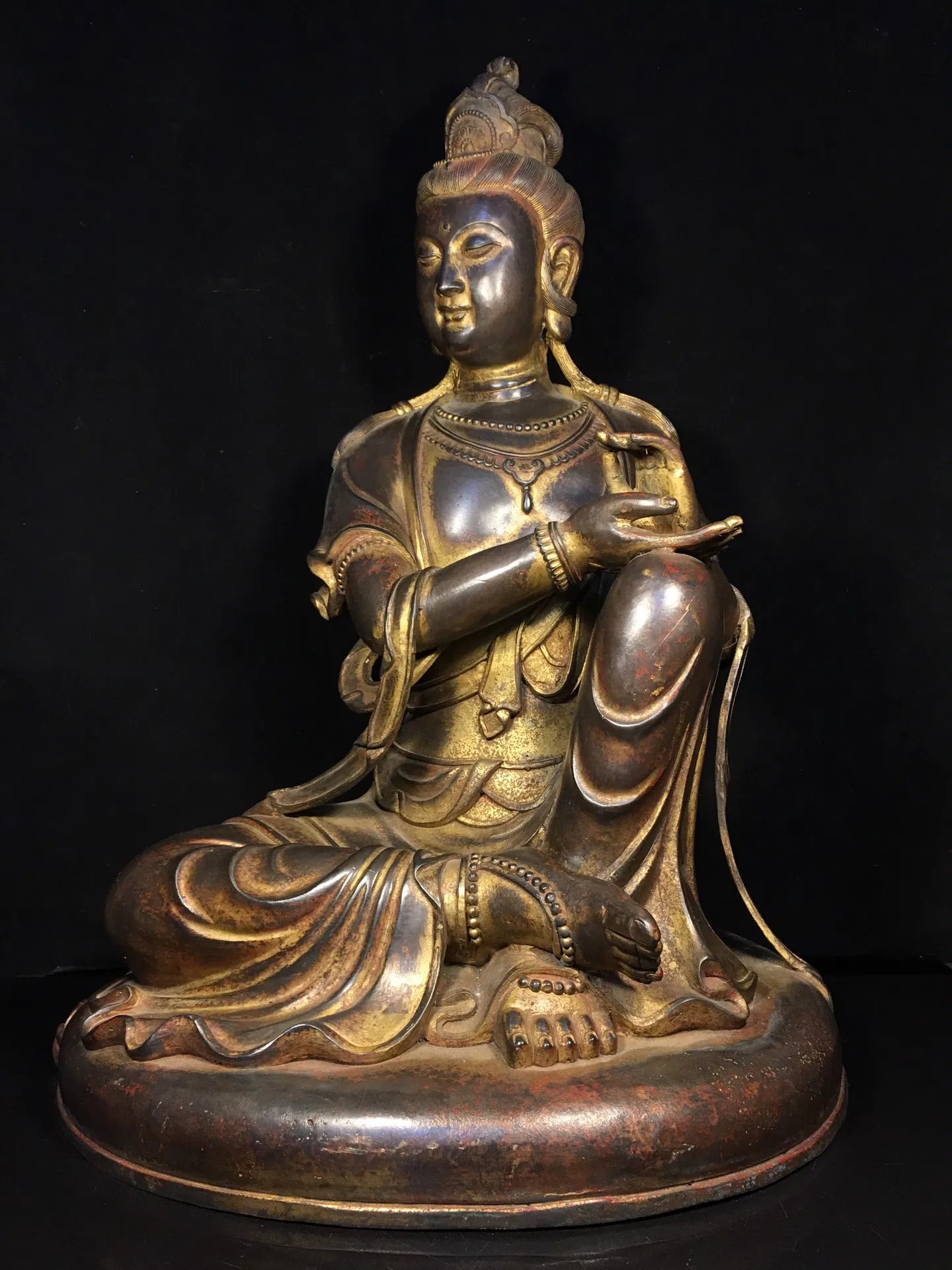 

25"Tibetan Temple Collection Old Bronze Cinnabar Mud gold Free Avalokitesvara Guanyin Bodhisattva Sitting Buddha Worship Hall