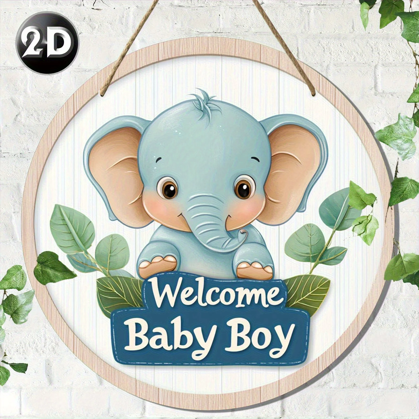2D Flat, A 2D Round Wooden Sign Mural, Depicting a Retro Elephant, Suitable for Bedroom, Office, Garden, Weddings, and Birthdays
