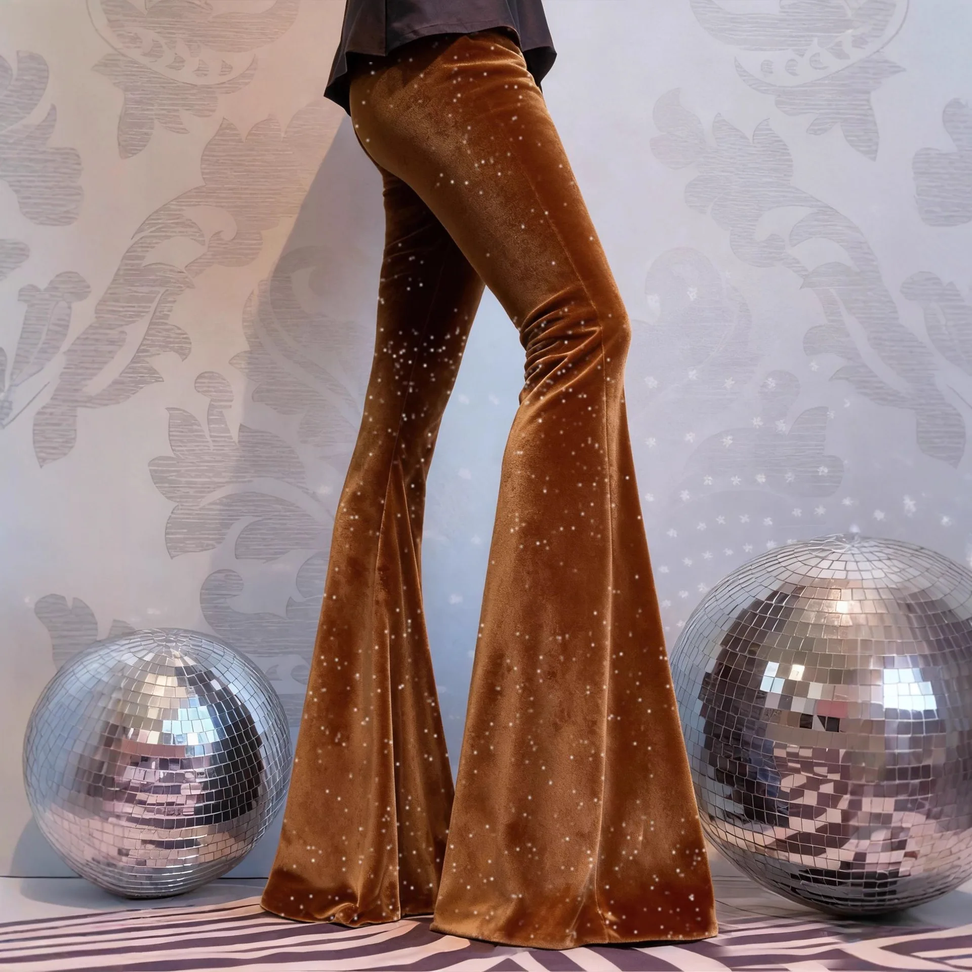 

new European and American high-waisted slim shiny silver drape gold velvet bell-bottom casual pants