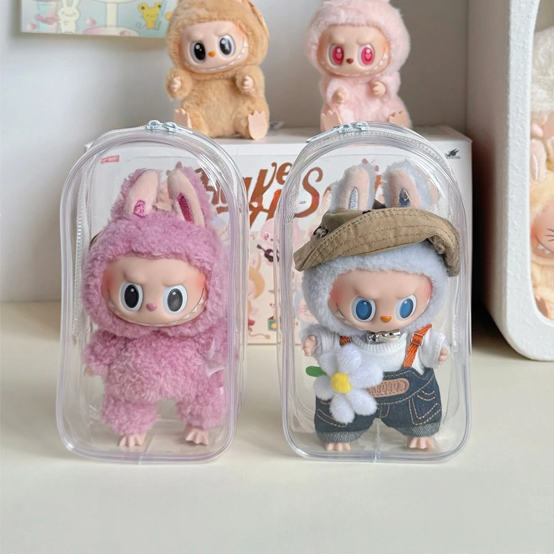Colorful Transparent Protector Case Organizer Box for 15-17cm Labubu Dolls Outdoor Display Bag With Keychain Doll Accessories
