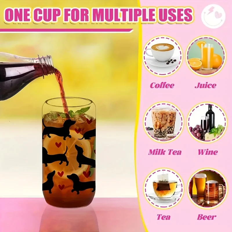 13.5 أوقية/18.6 أوقية نظارات القهوة السجق الكلب على شكل قلب كوب زجاجي مطبوع مع غطاء من الخيزران القش لهدايا عيد الميلاد هدايا عيد الميلاد