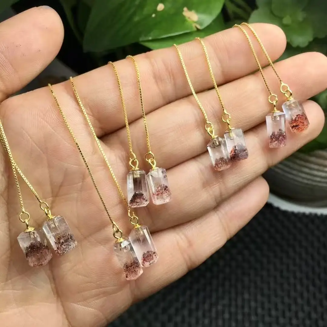 

Unit One Pair 925 Silver Inlay Natural Red Strawberry Quartz Crystal Column Shape Ear Codes For Gift