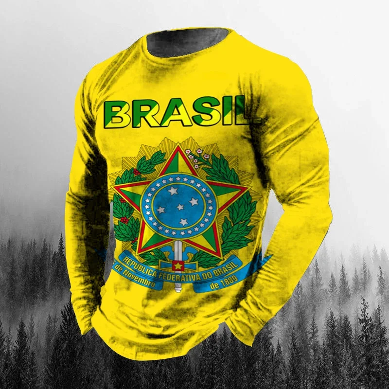 Vintage Brasilien-Flagge 3D-Druck Herbst Herren O-Ausschnitt T-Shirt Lässiges Langarm-Oversize-T-Shirt Modischer Pullover Herrenbekleidung – Detail 8