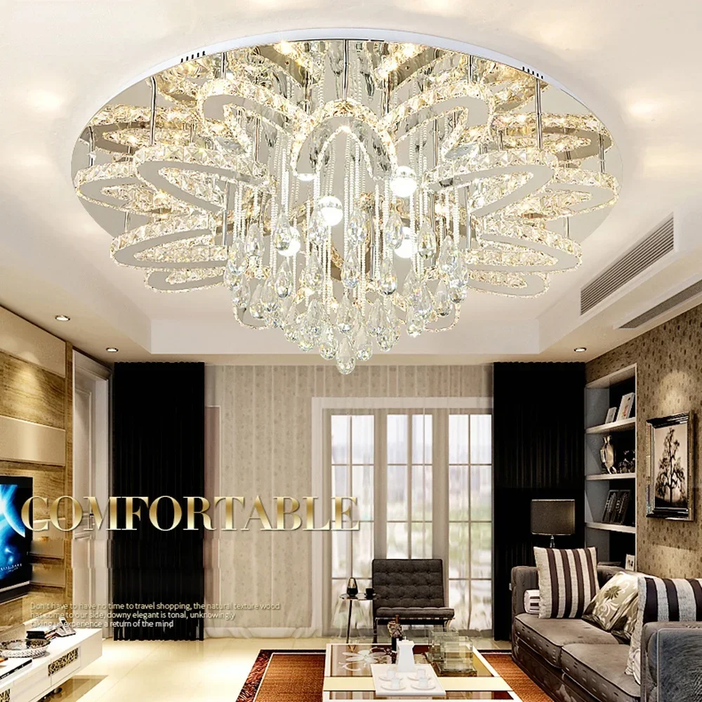 LED Modern Crystal Stainless Steel Round Dimmable RGB Chandelier Lighting Lamparas De Techo For Foyer