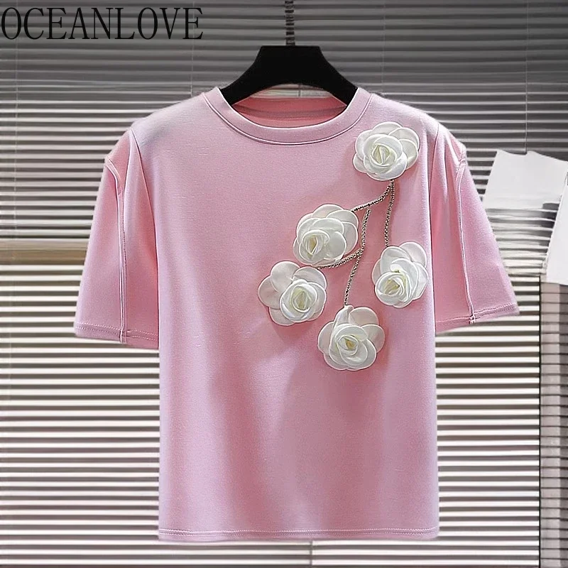 

OCEANLOVE весна лето 3D цветы футболка для женщин милые винтажные элегантные Ropa De Mujer корейские модные шикарные футболки в стиле ретро