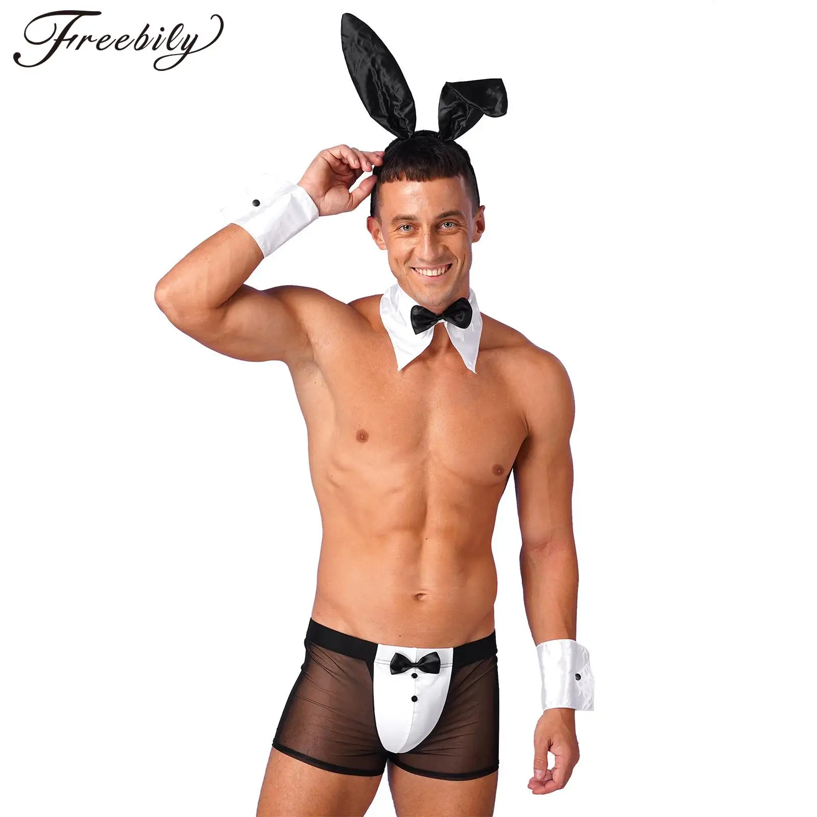 

Mens Halloween Bunny Cosplay Costume Sheer Boxer Briefs with Rabbirt Ears Headband Bowtie Cuffs for Theme Party Lingerie Night