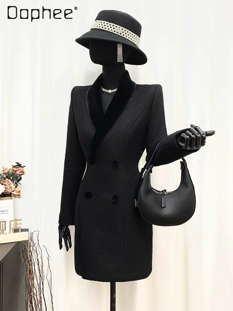 

Hepburn Style Elegant Black Wool Blazer Thickened High-End Fashion Cross Collar Double-Breasted Commuting Women's Blazer Top