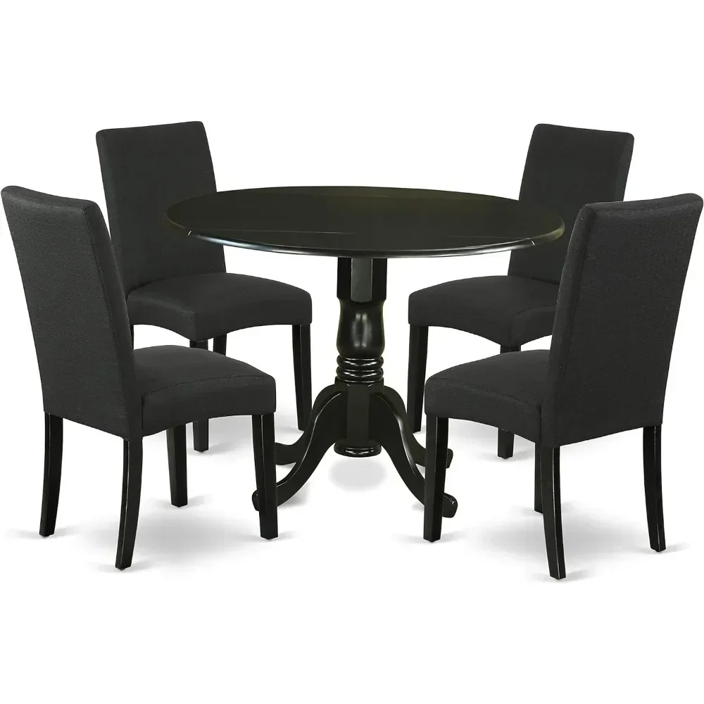 The 5-piece modern dining table set includes a round wooden table with pull-down leaves and 4 linen fabric cushioned chairs