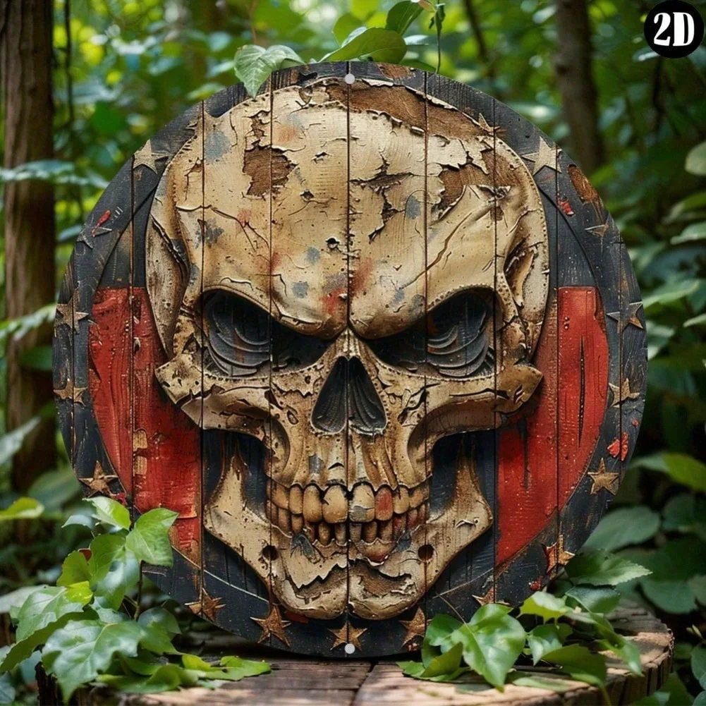 1pc 8x8 Inch Round Patriotic Skeleton Metal Wall Art - Waterproof Easy-Install Decor, Gift for Home Office