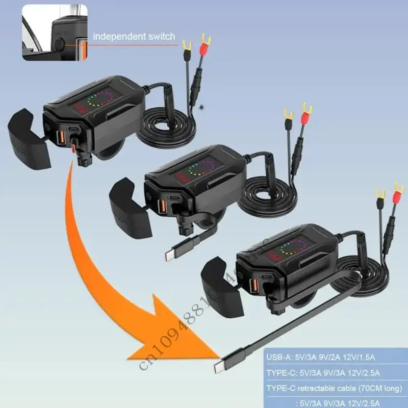 Shockproof High Speed Motorcycle USB Charging Power Adapter With Type C Port And Meter For Tablet Phones Cameras And