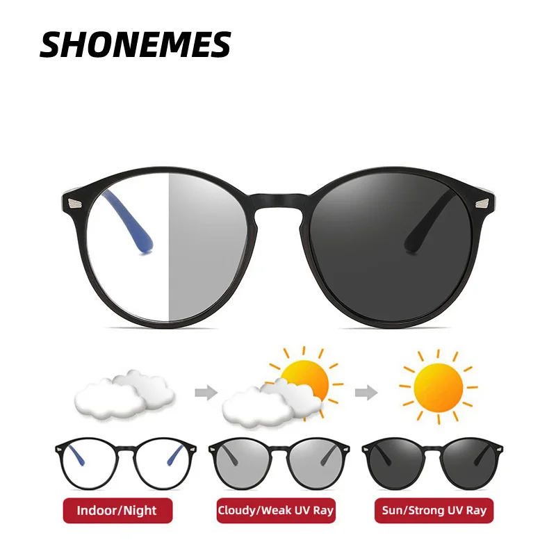 

SHONEMES Photochromic Grey Round Glasses Anti Blue Light Oversized Eyeglasses TR90 Frame Optical Computer Eyewear for Women Men