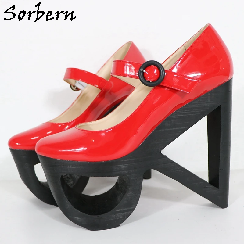 Sorbern Mary Jane Hollow Out Wedge Women Pumps Circel Platform triangle Fetish Shoe Big Size 46 Cosplay High Heel Custom Colors