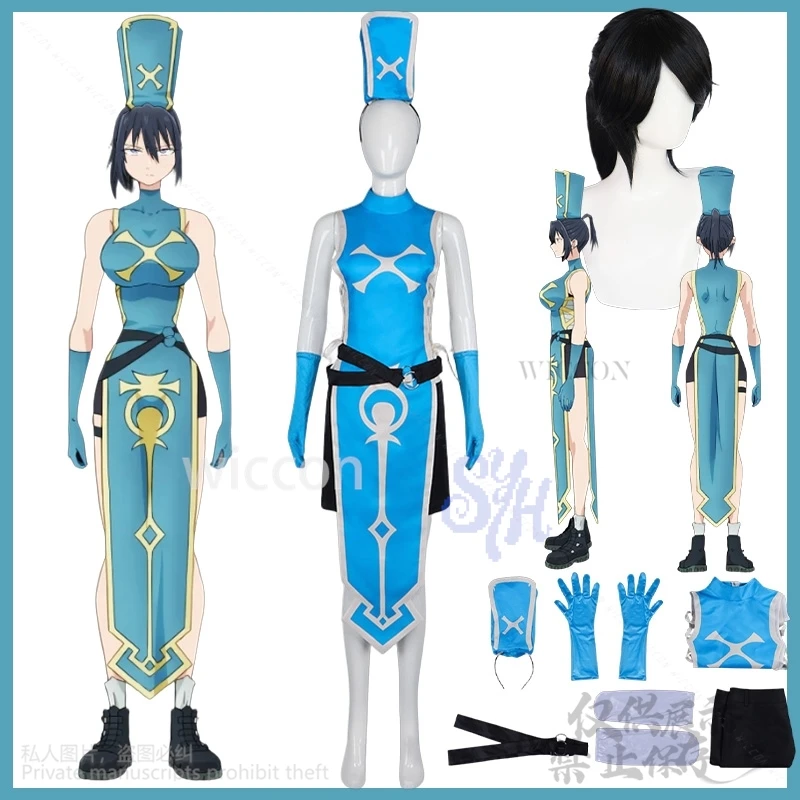 

The Stunned Hero And The Assassin Princesses Anemone Cosplay Anime Costume Blue Sexy Qipao Split Skirt Side Hat Halloween Party