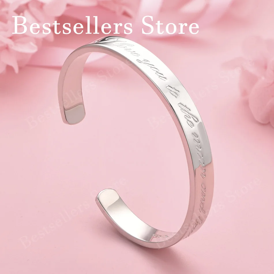 Elegant 925 Sterling Silver Exquisite English Engraving Open Bracelet Women Fashion Wedding Party Jewelry