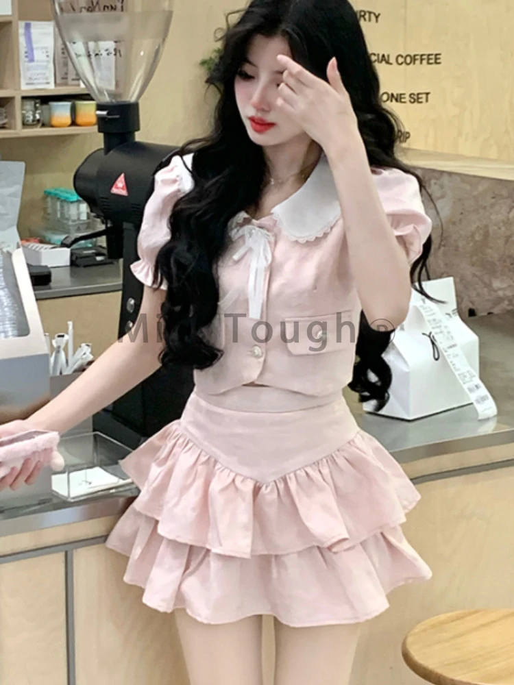 Summer Sweet Slim Bow V Neck 2 Piece Set Women Designer Cute Skinny Short Sleeve Tops Female + Kawaii Elastic Waist A Line Dress