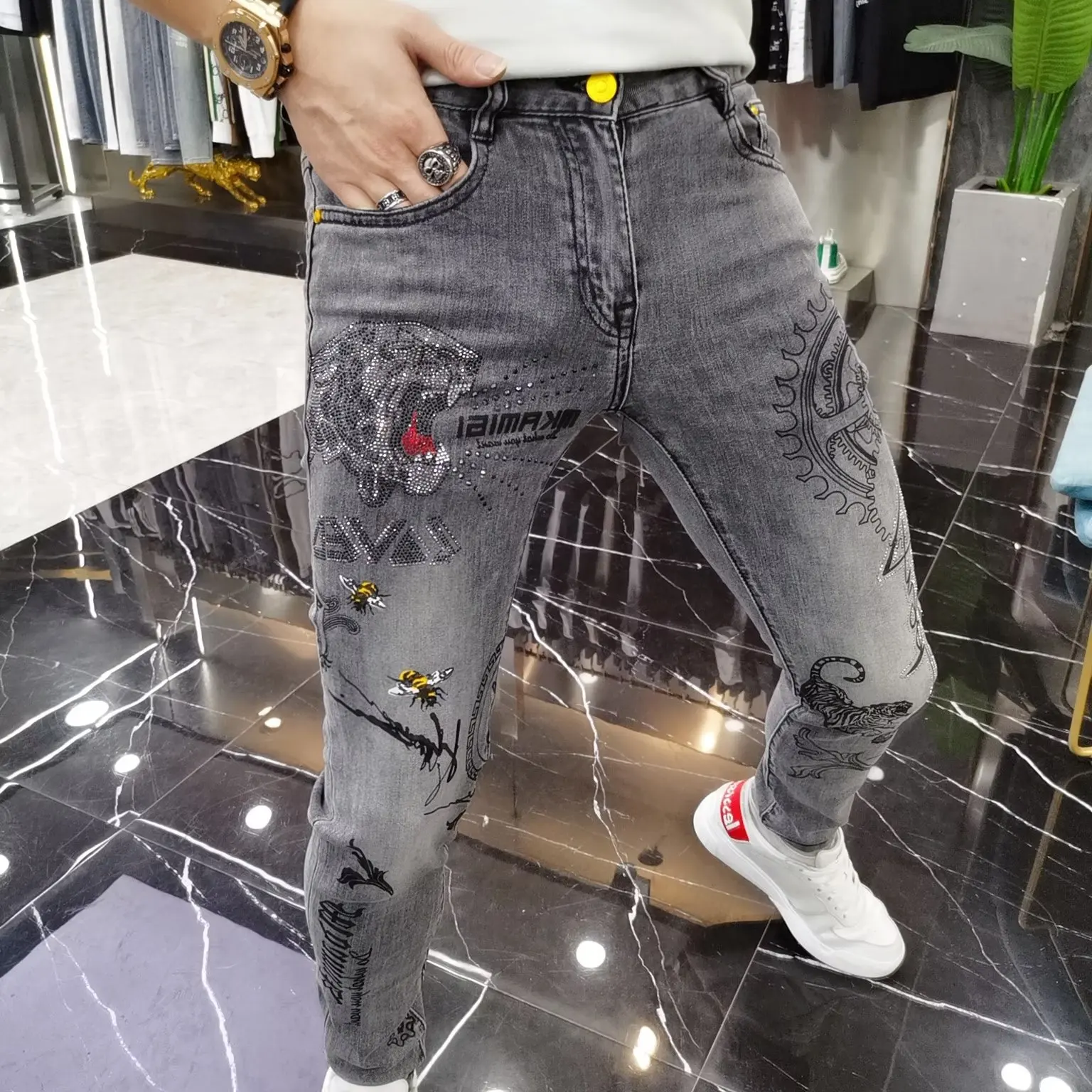 Jean haut de gamme pour hommes, imprimé décontracté, élastique, Slim Fit, pantalon de loisirs, tendance pour jeunes, Denim extensible en coton, nouvelle collection automne