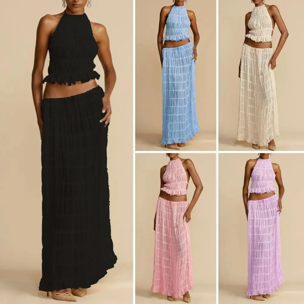 

Bohemian Tropical Skirt Suit Stylish 2-piece Women's Crop Top Skirt Suit Off Shoulder Backless Lace-up Halter Neck for Vacation