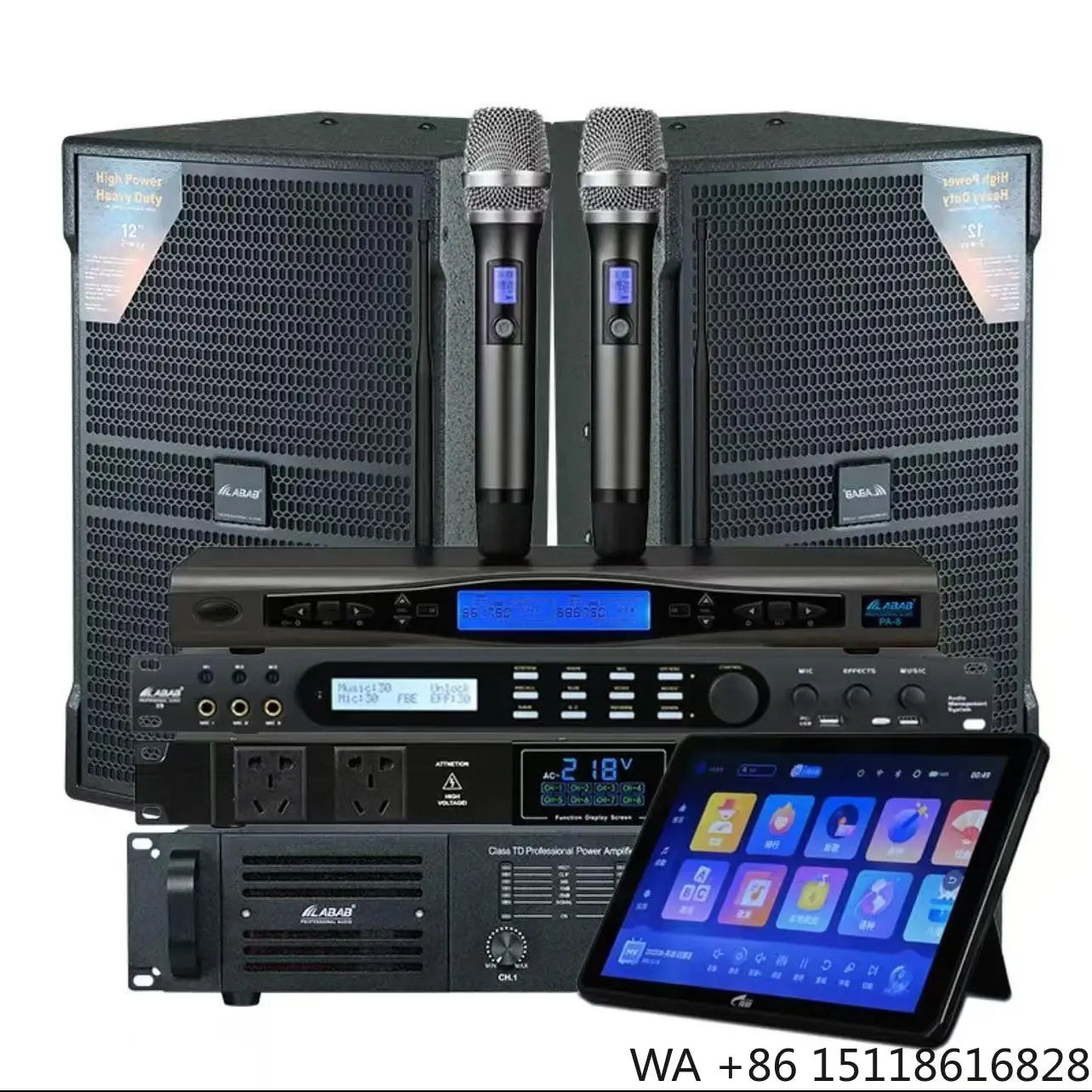 Professional KTV Set by German Sound 12-Inch Complete Karaoke Equipment with C18Pro Amplifier and 2 Wireless Microphones