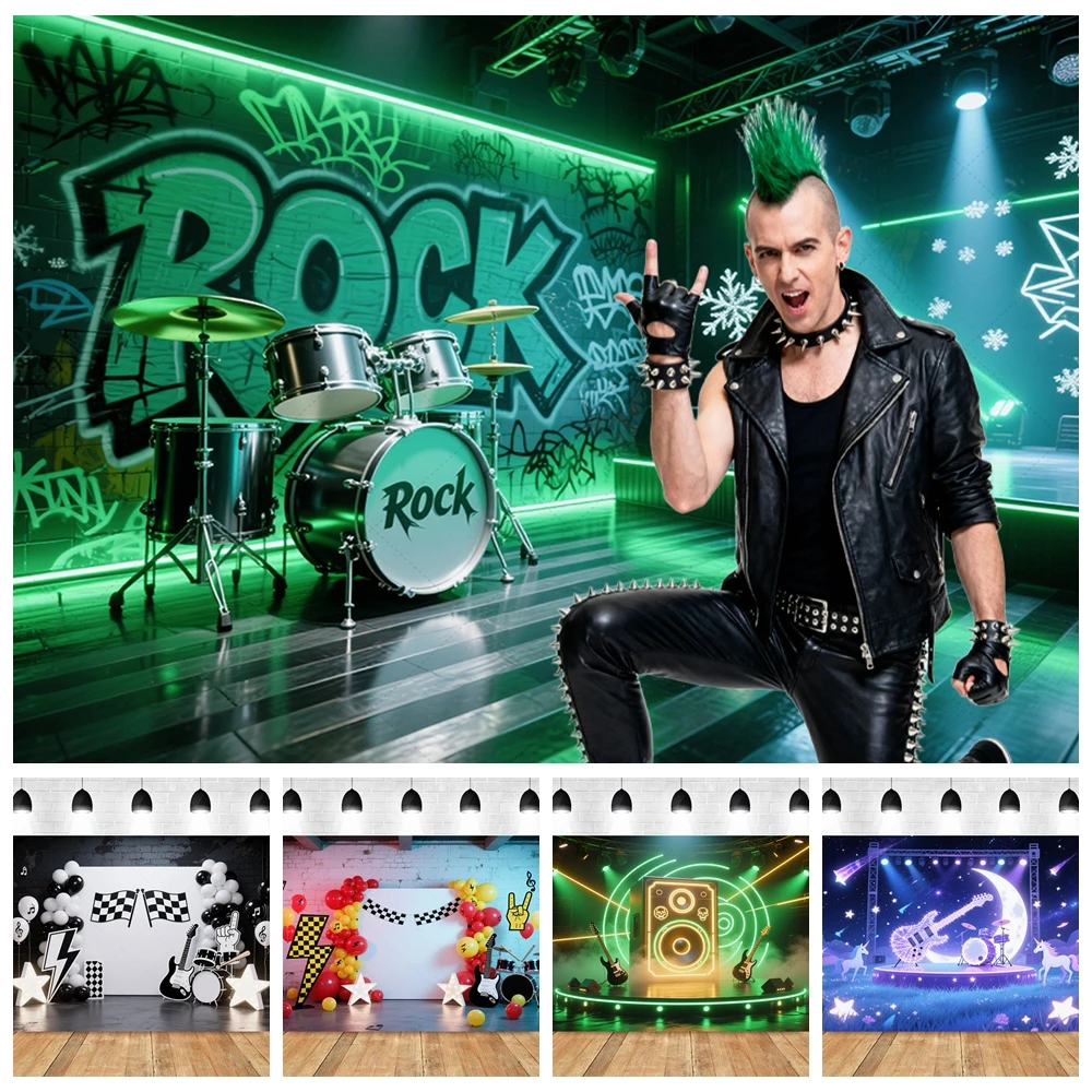 

Rock Stage Photography Background Punk Drum Guitar Lighting Balloon Adult Portrait Decoration Custom Backdrop Photo Studio Props