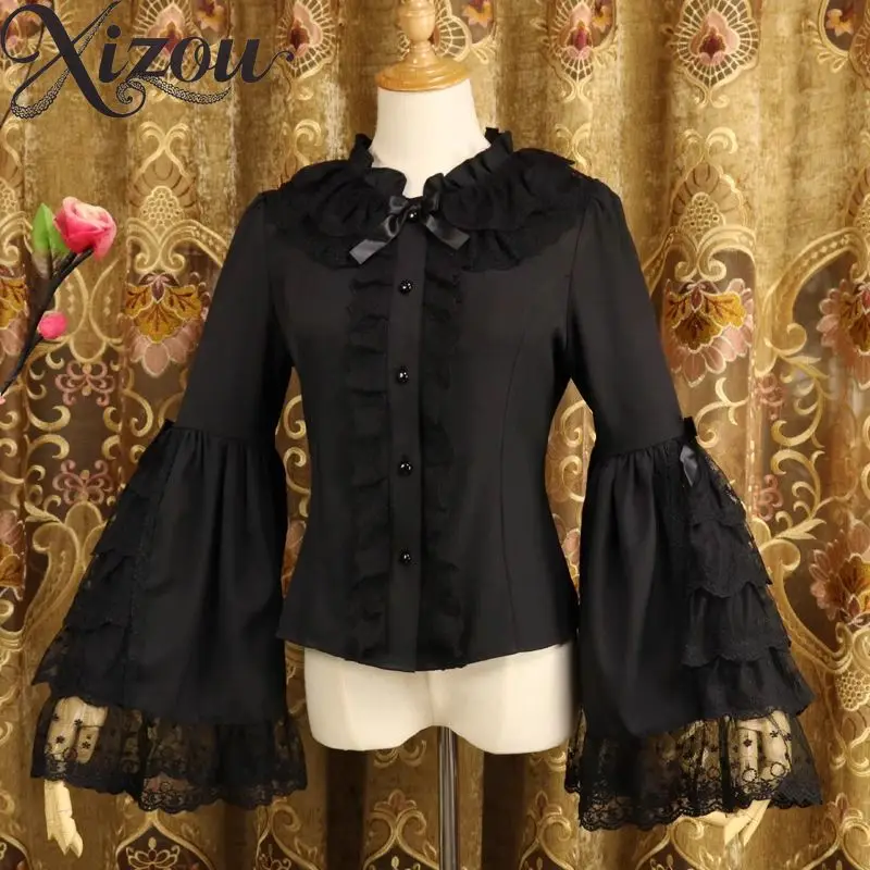 Blusa de encaje de Lolita de manga larga de gasa interior de Color puro de Color sólido con mangas Bell Ji, camisa de mujer, blusas ajustadas