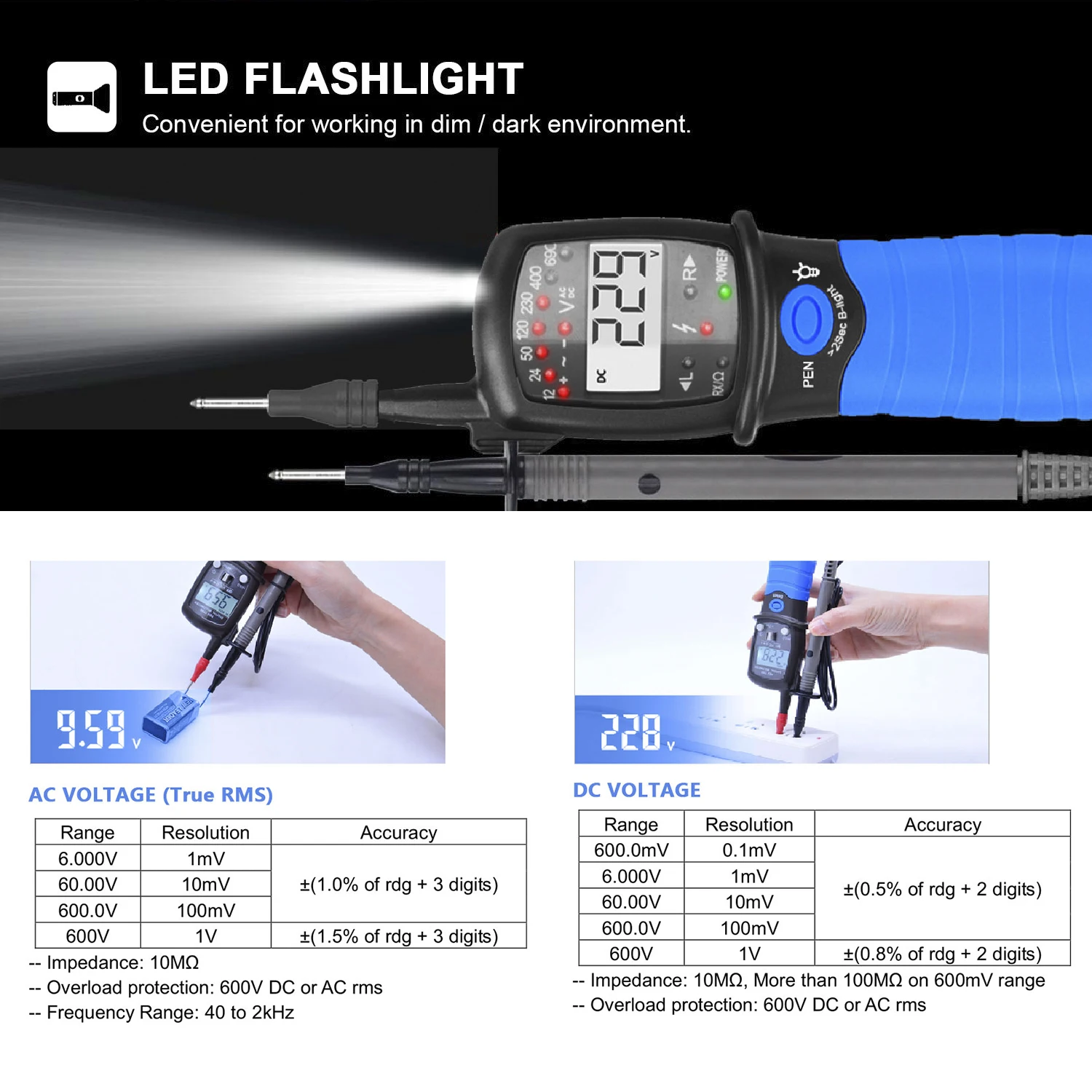 Two-Pole Voltage Tester 12V-690V AC/DC – LCD Phase Rotation & Continuity Tester with LED, IP65 Waterproof, CAT IV 600V