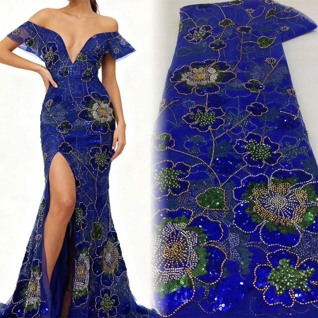 

Королевская синяя африканская кружевная ткань 2026, высокое качество, бусины ручной работы, свадебная кружевная ткань, роскошная вышивка бисером с блестками для свадьбы