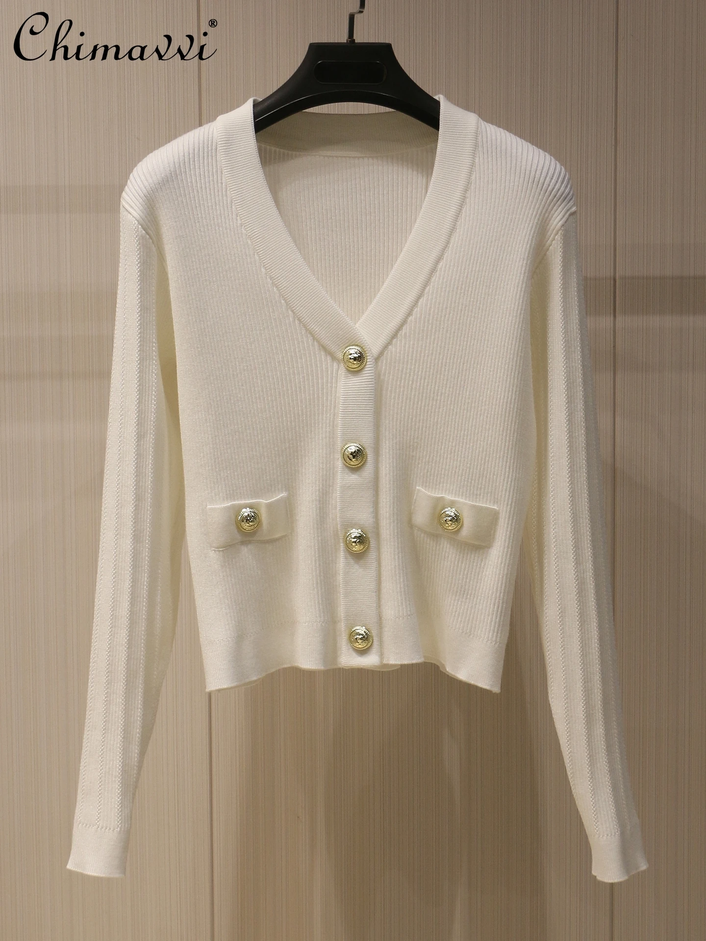 

Heavy White V-Neck Knitted Cardigan Women Fashion Long Sleeve Metal Button Slim-fit Sweater Coat Top 2025 Autumn Clothes