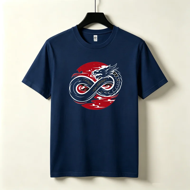 Circle Dragon Red Chinese T-Shirt Cloud Infinity Symbol Traditional Oriental Martial Tee Emblem Fantasy Tattoo Cotton Unisex