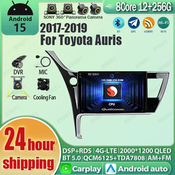 Android 15 Carplay Auto Qualcomm 2K QLED Screen Car Radio Player For Toyota Auris 2017 - 2019 DSP Multimedia Stereo BT 4G Wifi