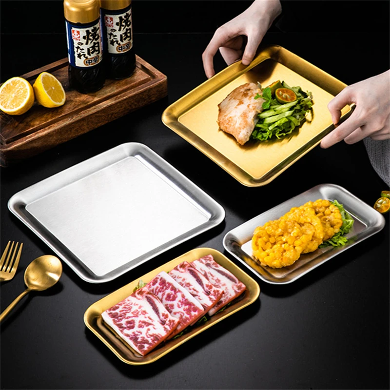 Thick Stainless Steel Shallow Tray Rectangular Gold Serving Plate Restaurant BBQ Seafood Plate for Food Large Flat Storage Trays