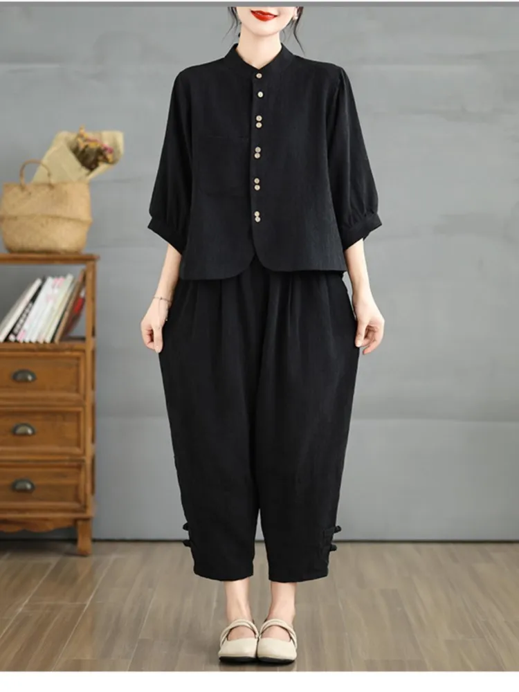 Oversized Summer 2 Two Piece Set Women Lantern Sleeve Fashion Ladies Cropped Shirts Loose Pleated Elastic Waist Woman Harem Pant