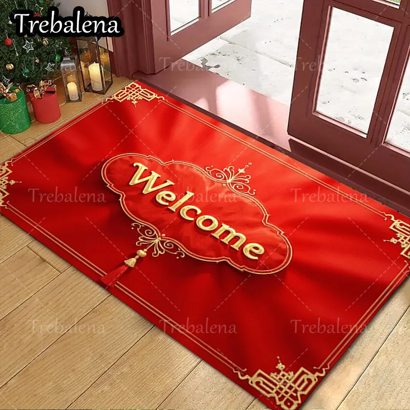 

1pc Welcome Door Mat Red Welcome Mat with Gold Trim for Home Entryway Decor