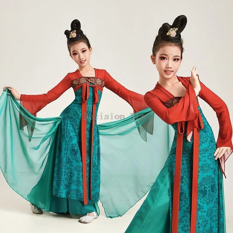 Children's Classical Dance Training Costume Set Kids' Dancing Uniform With Headdress Chinese Hanfu Stage Performance Costume