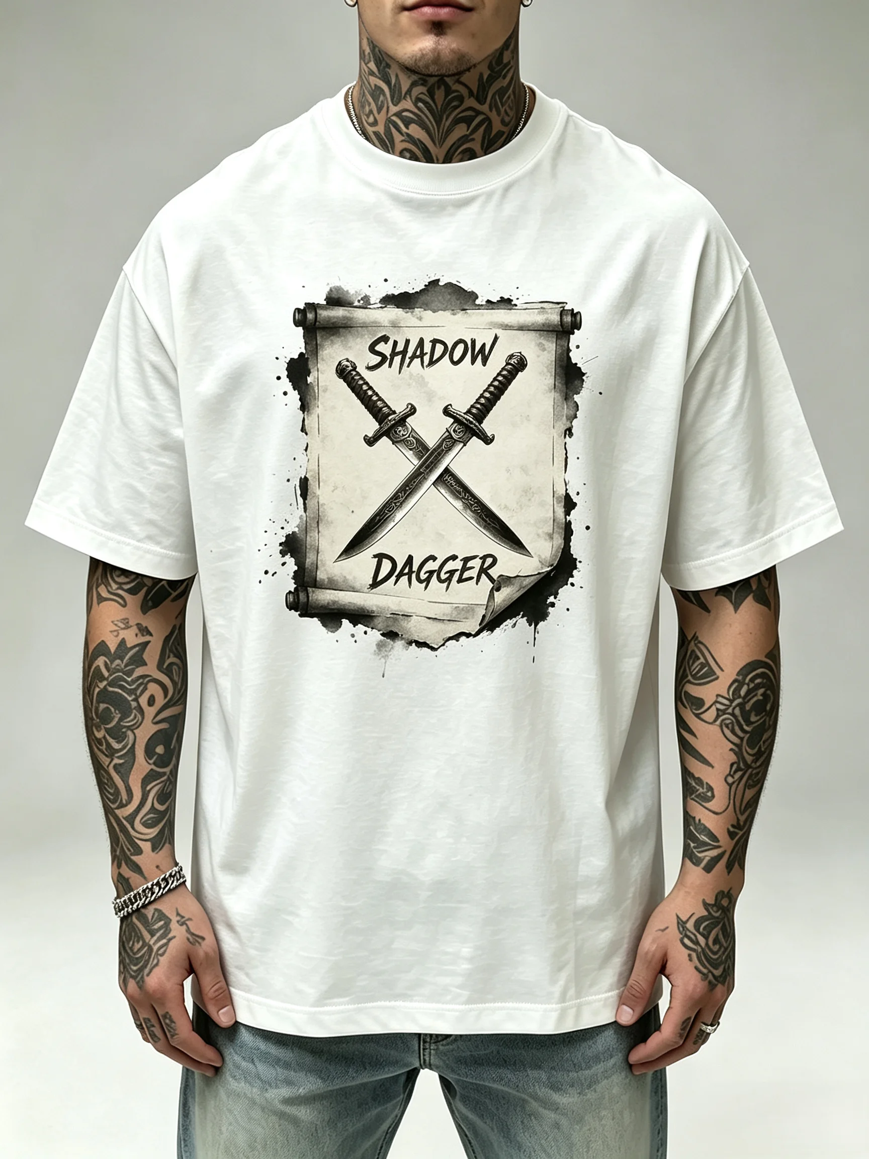 Unisex Shadow Dagger Cross Knives Scroll T Shirt Men Women Vintage Medieval Blade Graphic Oversized Short Sleeve T-shirt Streetwear Tops