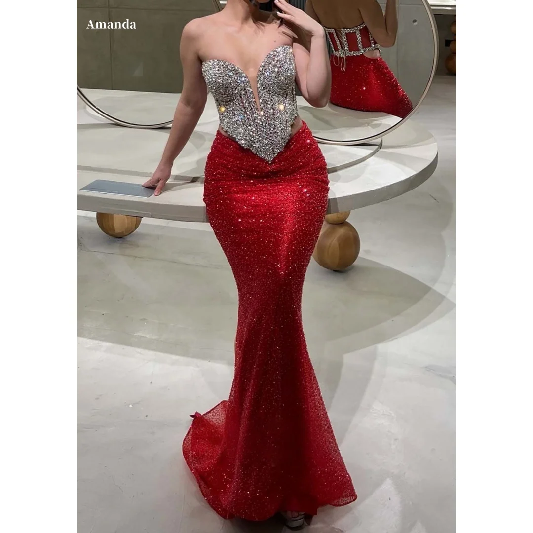 

Платье для выпускного вечера с блестками и пайетками Amanda, без бретелек, с открытой спиной, платья de noche, длиной до пола, без рукавов, торжественное вечернее платье