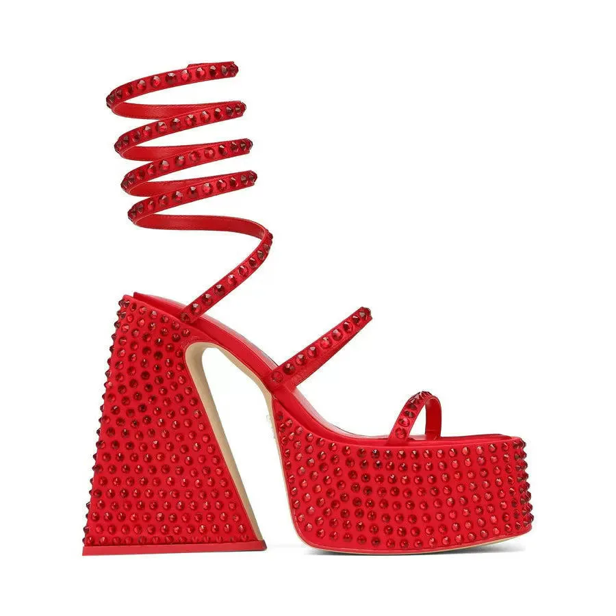 New Square Headed Snake Shaped Ankle Sandals, Waterproof Platform, Rhinestone Rough Heels, High Heels, Fashion Shoes