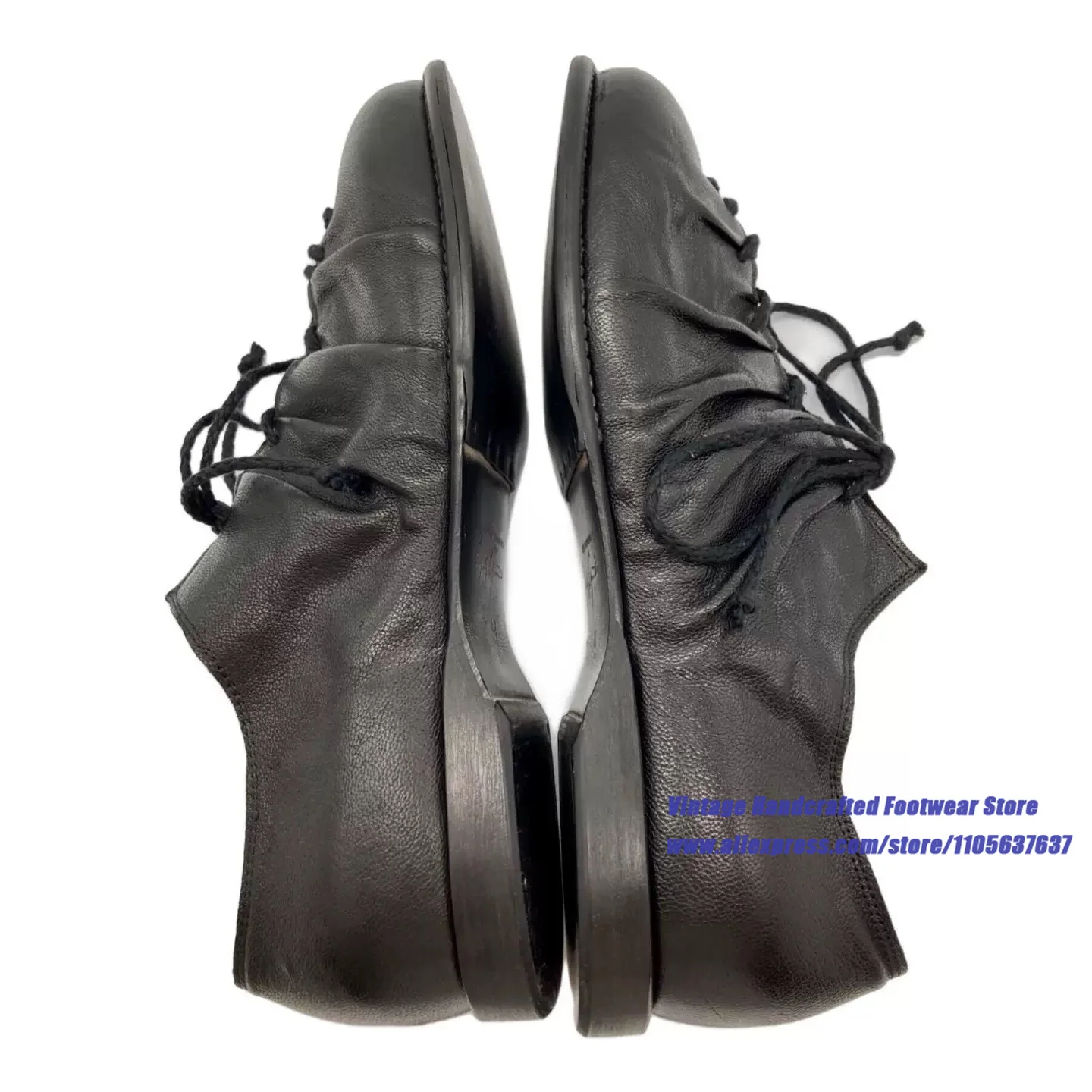 Black Wrinkle Gathered Leather Derby Shoes Ruched Thick Soled Lace Up Low Flat Sole Dress Shoes ﻿Vintage Handcrafted Men's Shoes