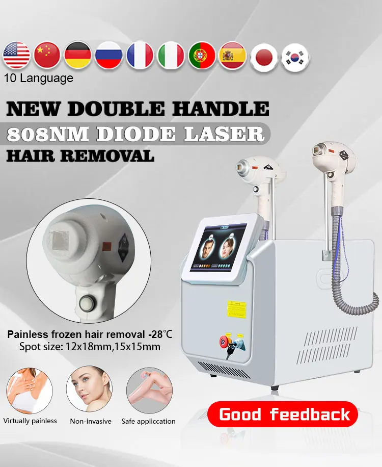 Most Effective and Painless Hair Removal Double Handles 808nm Diode laser machine For the whole body