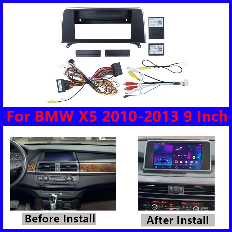 

For BMW X5 2010-2013 Car Radio Fascias Panel Matte Black Dashboard Frame 9 Inch Protocol Canbus Box With Cables kit LHD
