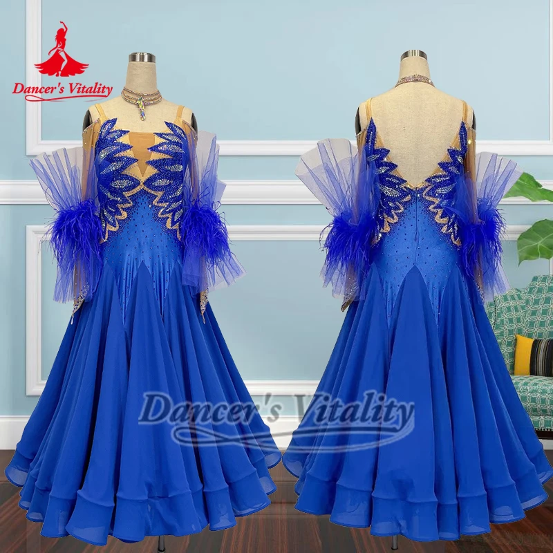 Vestido azul con hombros descubiertos y plumas para baile Social, collar personalizado incluido, vals, ropa elegante para actuaciones y conejistas, vitalidad del bailarina